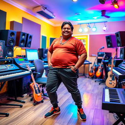 An Indian music composer, who is pleasantly plump, joyfully posing in a vibrant music studio filled with various instruments like keyboards, guitars, and mixing equipment