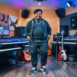 An Indian music composer, who is pleasantly plump, joyfully posing in a vibrant music studio filled with various instruments like keyboards, guitars, and mixing equipment