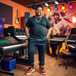 An Indian music composer, who is pleasantly plump, joyfully posing in a vibrant music studio filled with various instruments like keyboards, guitars, and mixing equipment