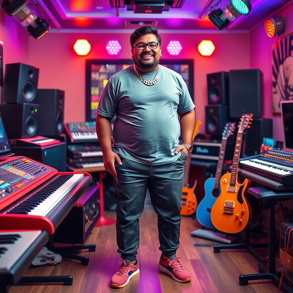 An Indian music composer, who is pleasantly plump, joyfully posing in a vibrant music studio filled with various instruments like keyboards, guitars, and mixing equipment