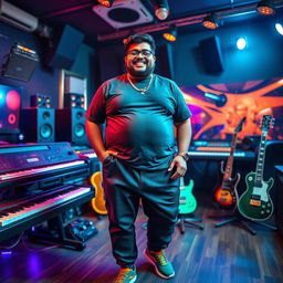 An Indian music composer, who is pleasantly plump, joyfully posing in a vibrant music studio filled with various instruments like keyboards, guitars, and mixing equipment