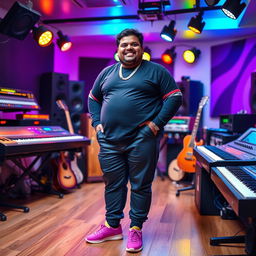 An Indian music composer, who is pleasantly plump, joyfully posing in a vibrant music studio filled with various instruments like keyboards, guitars, and mixing equipment