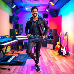 An Indian handsome music composer joyfully posing in a vibrant music studio, filled with instruments like keyboards, guitars, and mixing equipment