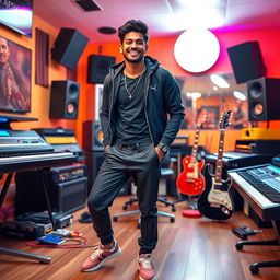 An Indian handsome music composer joyfully posing in a vibrant music studio, filled with instruments like keyboards, guitars, and mixing equipment