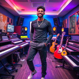 An Indian handsome music composer joyfully posing in a vibrant music studio, filled with instruments like keyboards, guitars, and mixing equipment