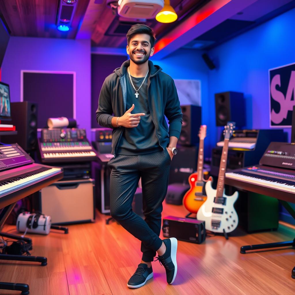 An Indian handsome music composer joyfully posing in a vibrant music studio, filled with instruments like keyboards, guitars, and mixing equipment