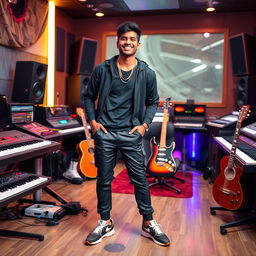 A handsome Indian Bollywood music composer joyfully posing in a vibrant music studio filled with various instruments such as keyboards, guitars, and high-tech mixing equipment