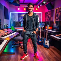 A handsome Indian Bollywood music composer joyfully posing in a vibrant music studio filled with various instruments such as keyboards, guitars, and high-tech mixing equipment