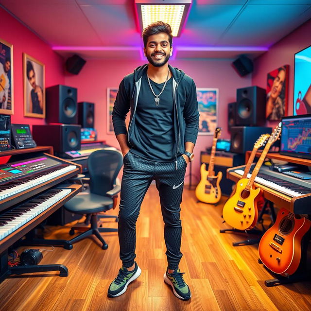 A handsome Indian Bollywood music composer joyfully posing in a vibrant music studio filled with various instruments such as keyboards, guitars, and high-tech mixing equipment