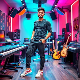 A handsome Indian Bollywood music composer joyfully posing in a vibrant music studio filled with various instruments such as keyboards, guitars, and high-tech mixing equipment