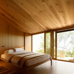 A serene, all-wood bedroom with minimalist design elements creating a relaxing eye-soothing ambiance.