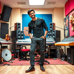 A handsome Indian Bollywood music composer posing happily in a modern music studio, showcasing an artistic and vibrant ambiance