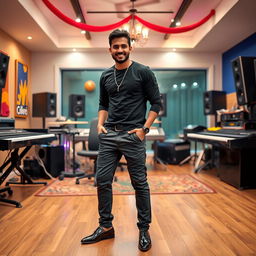 A handsome Indian Bollywood music composer posing happily in a modern music studio, showcasing an artistic and vibrant ambiance