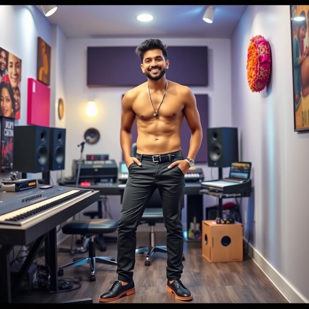 A handsome Indian Bollywood music composer posing happily in a modern music studio, showcasing an artistic and vibrant ambiance