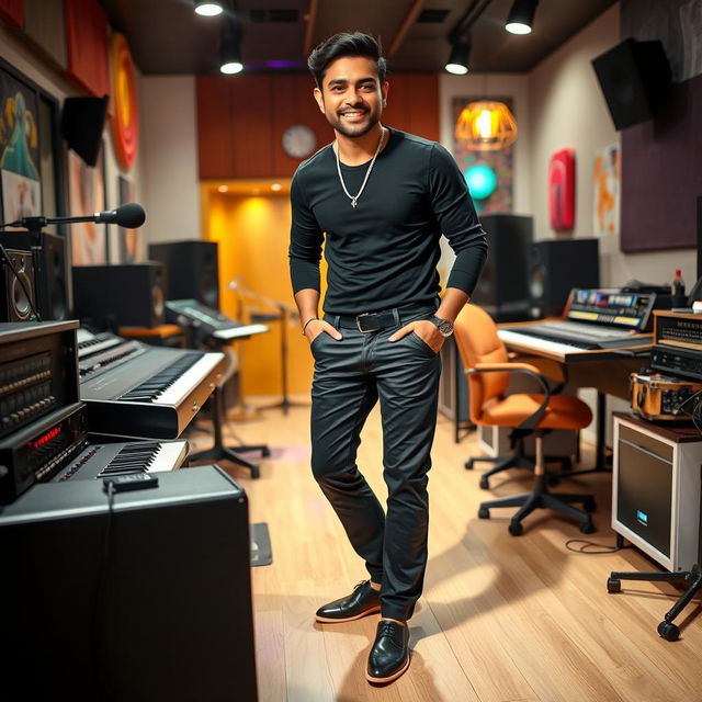 A handsome Indian Bollywood music composer posing happily in a modern music studio, showcasing an artistic and vibrant ambiance