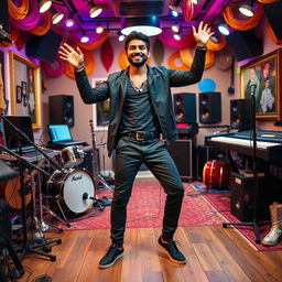 A handsome Indian Bollywood music composer striking a joyful pose in a lively music studio, surrounded by musical instruments and studio equipment