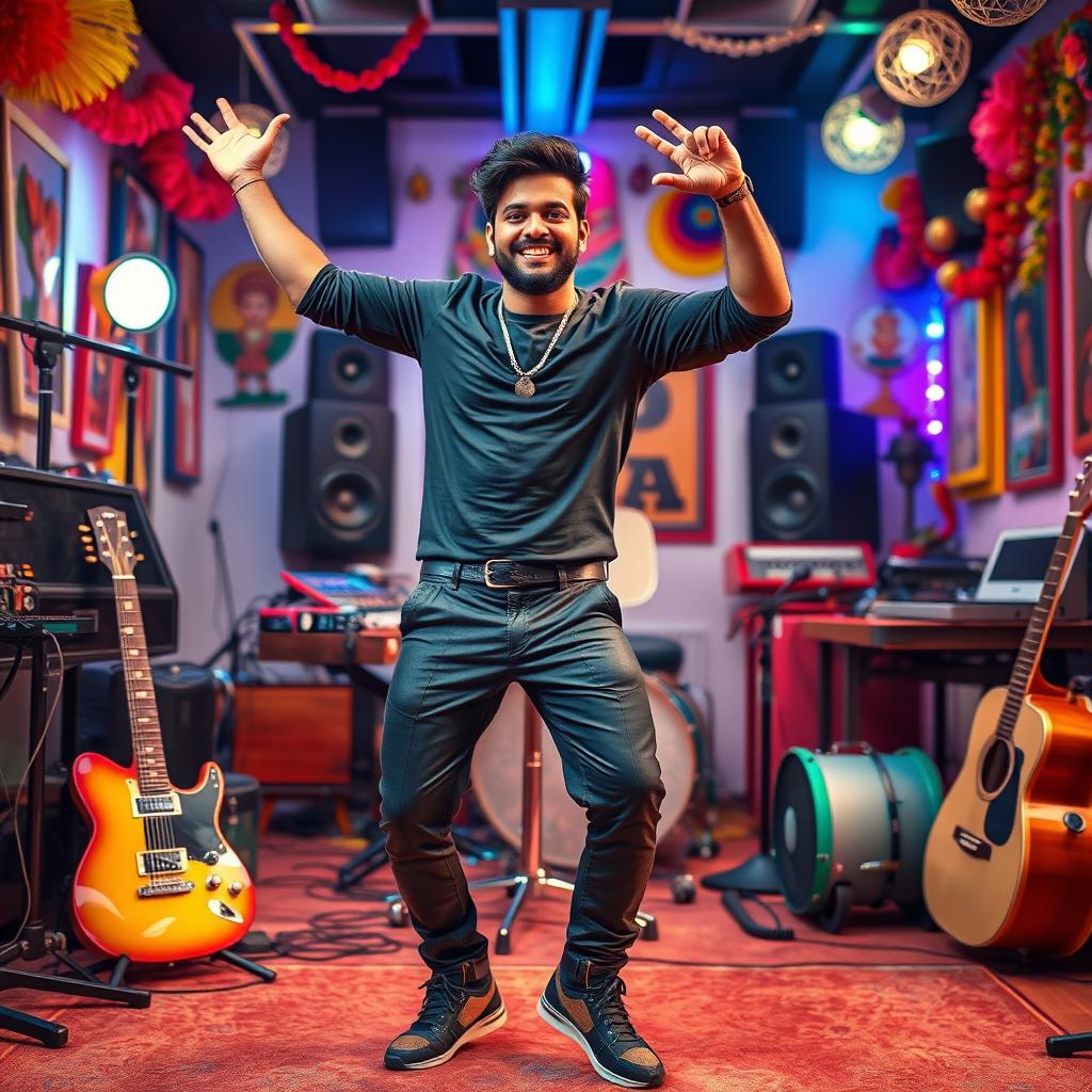 A handsome Indian Bollywood music composer striking a joyful pose in a lively music studio, surrounded by musical instruments and studio equipment