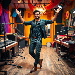 A handsome Indian Bollywood music composer striking a joyful pose in a lively music studio, surrounded by musical instruments and studio equipment