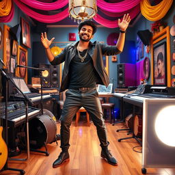 A handsome Indian Bollywood music composer striking a joyful pose in a lively music studio, surrounded by musical instruments and studio equipment