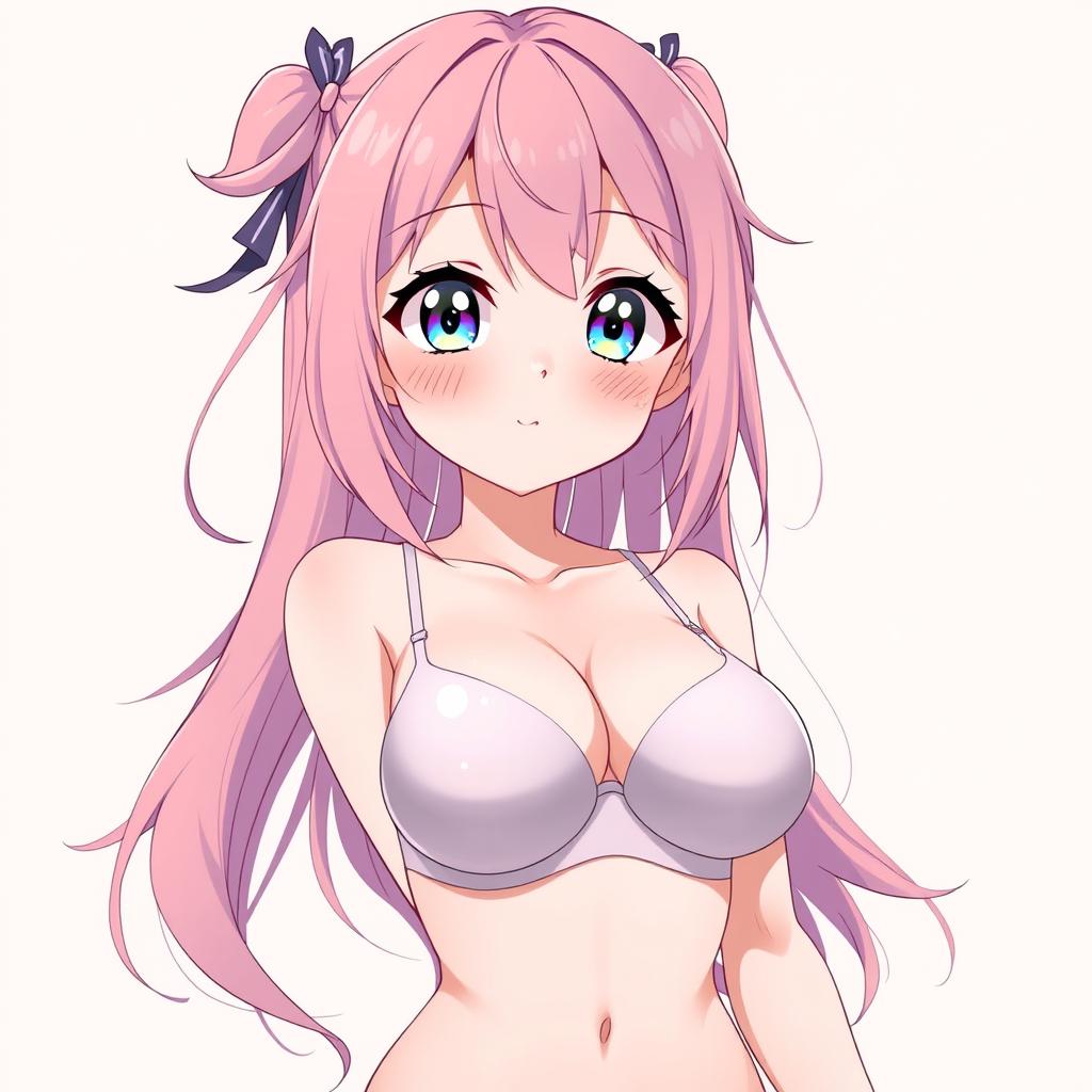 A cute, sexy anime girl with large breasts, wearing a very tiny and short bra that appears almost transparent