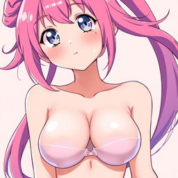 A cute, sexy anime girl with large breasts, wearing a very tiny and short bra that appears almost transparent