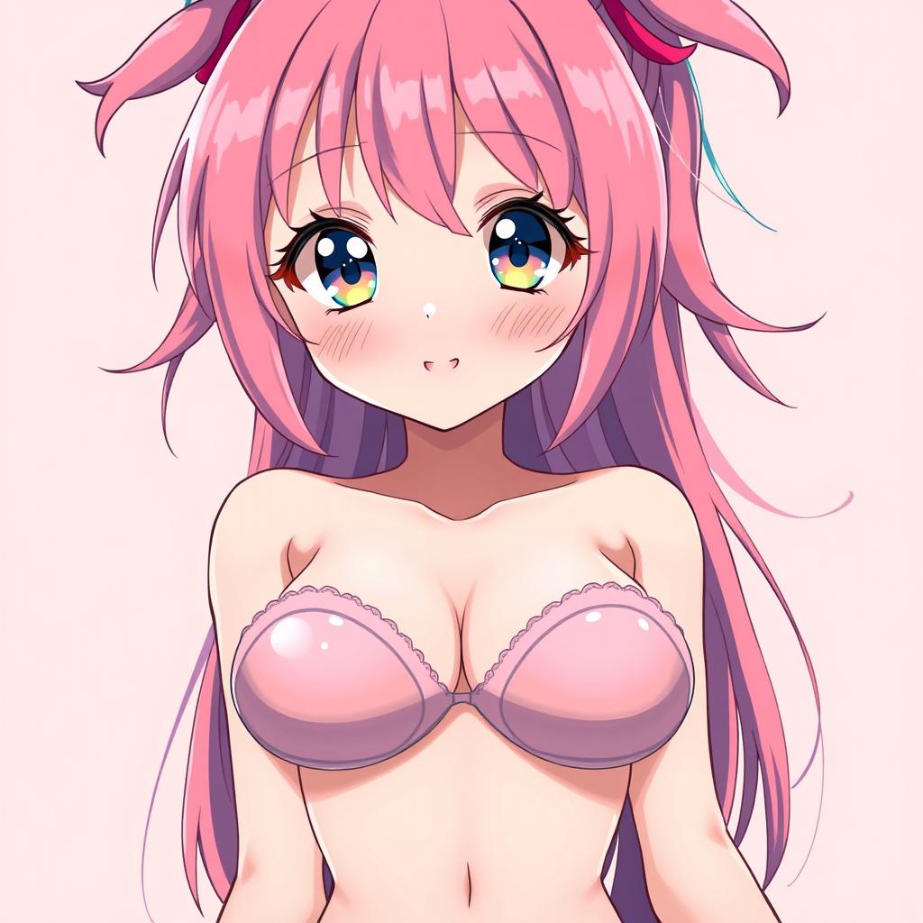 A cute, sexy anime girl with large breasts, wearing a very tiny and short bra that appears almost transparent