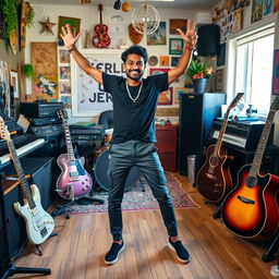 An Indian independent music composer striking a joyful pose in an eclectic music studio filled with instruments and creative decor