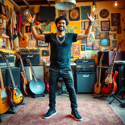 An Indian independent music composer striking a joyful pose in an eclectic music studio filled with instruments and creative decor