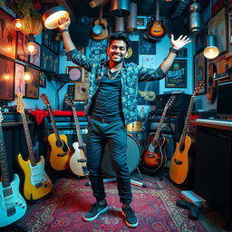 An Indian independent music composer striking a joyful pose in an eclectic music studio filled with instruments and creative decor