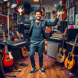 An Indian independent music composer striking a joyful pose in an eclectic music studio filled with instruments and creative decor