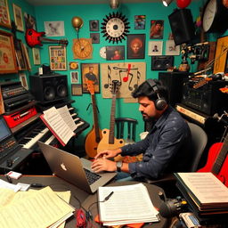 An Indian independent music composer diligently working in a vibrant music studio filled with an array of instruments and sound equipment