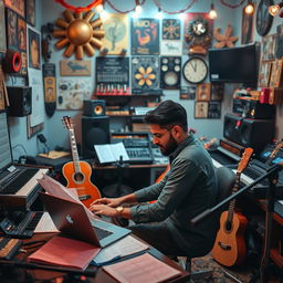 An Indian independent music composer diligently working in a vibrant music studio filled with an array of instruments and sound equipment