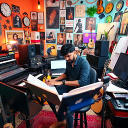 An Indian independent music composer diligently working in a vibrant music studio filled with an array of instruments and sound equipment