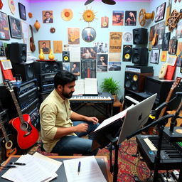 An Indian independent music composer diligently working in a vibrant music studio filled with an array of instruments and sound equipment