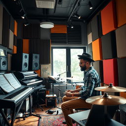 An Indian independent music composer deeply engaged in his creative process inside a modern music studio