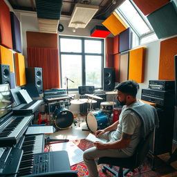 An Indian independent music composer deeply engaged in his creative process inside a modern music studio