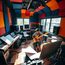 An Indian independent music composer deeply engaged in his creative process inside a modern music studio