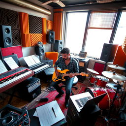 An Indian independent music composer deeply engaged in his creative process inside a modern music studio