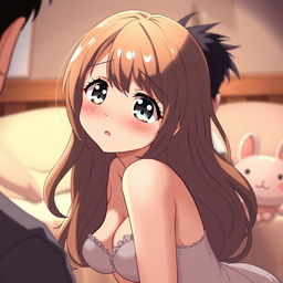 A cute and sexy anime girl with large breasts, looking embarrassed