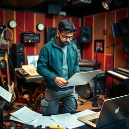 An Indian independent music composer immersed in his creative process in a dynamic music studio