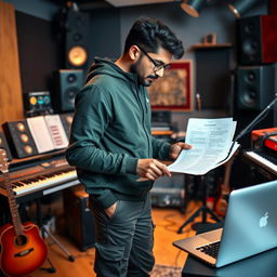 An Indian independent music composer immersed in his creative process in a dynamic music studio