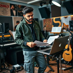 An Indian independent music composer immersed in his creative process in a dynamic music studio