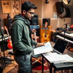 An Indian independent music composer immersed in his creative process in a dynamic music studio