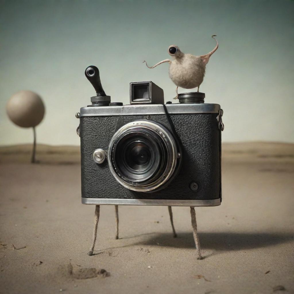 An unusual, imaginative depiction of a camera with legs, resembling a living creature, in a surreal, whimsical scene.