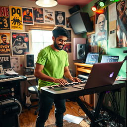 An Indian independent music composer passionately working in a vibrant music studio filled with various instruments and recording equipment