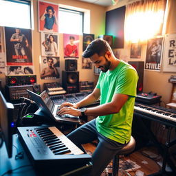 An Indian independent music composer passionately working in a vibrant music studio filled with various instruments and recording equipment