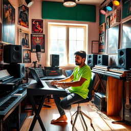 An Indian independent music composer passionately working in a vibrant music studio filled with various instruments and recording equipment