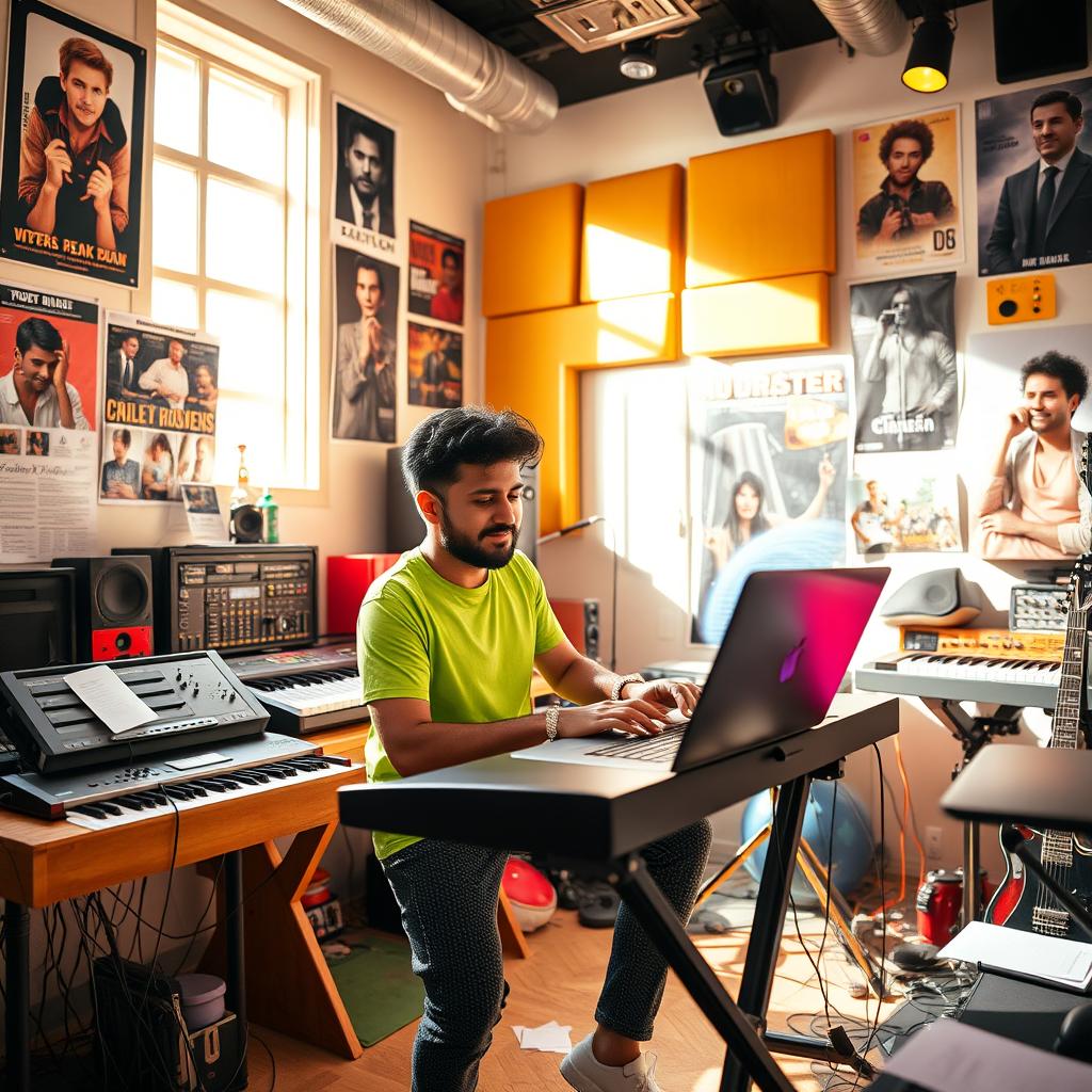 An Indian independent music composer passionately working in a vibrant music studio filled with various instruments and recording equipment