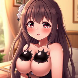 A cute and sexy anime girl with large breasts featuring black nipples, looking embarrassed