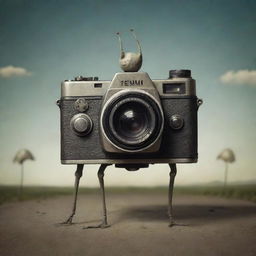 An unusual, imaginative depiction of a camera with legs, resembling a living creature, in a surreal, whimsical scene.